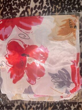 Floral Satin Scarf in Red, Pink, Gold and Gray